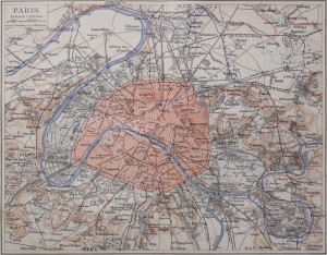 Old City Map of Paris, France, 19th Century